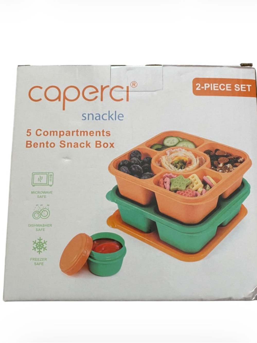 Caperci Snackle 5-Compartment Bento Snack Box Set in Orange and Green New in Box